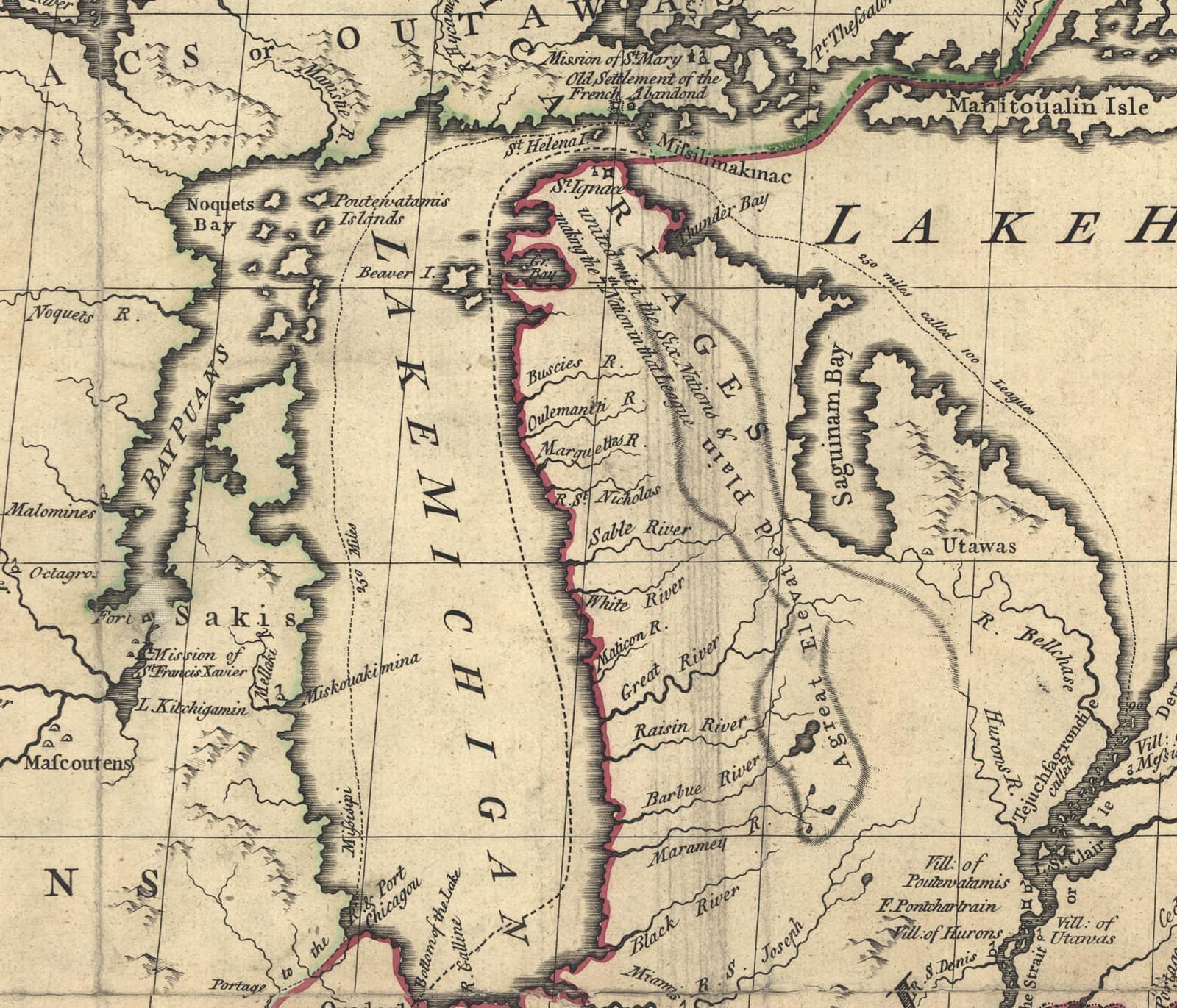 Detail of John Mitchell's 1755 map of North America showing northern Lake Michigan with the label Beaver I.