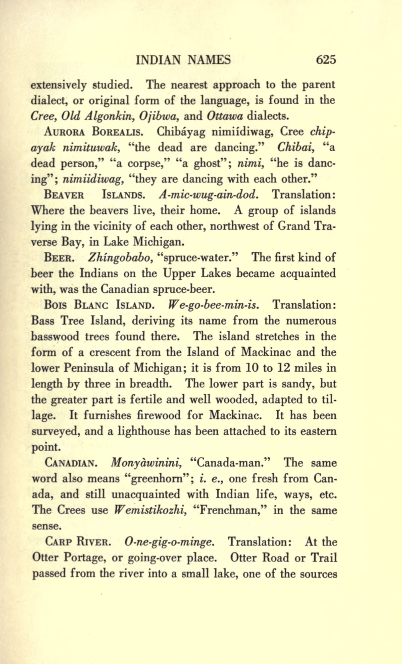 Scanned page 625 of Wood's Historic Mackinac volume II, with the printed entry Beaver Islands, A-mic-wug-ain-dod, where the beavers live, their home