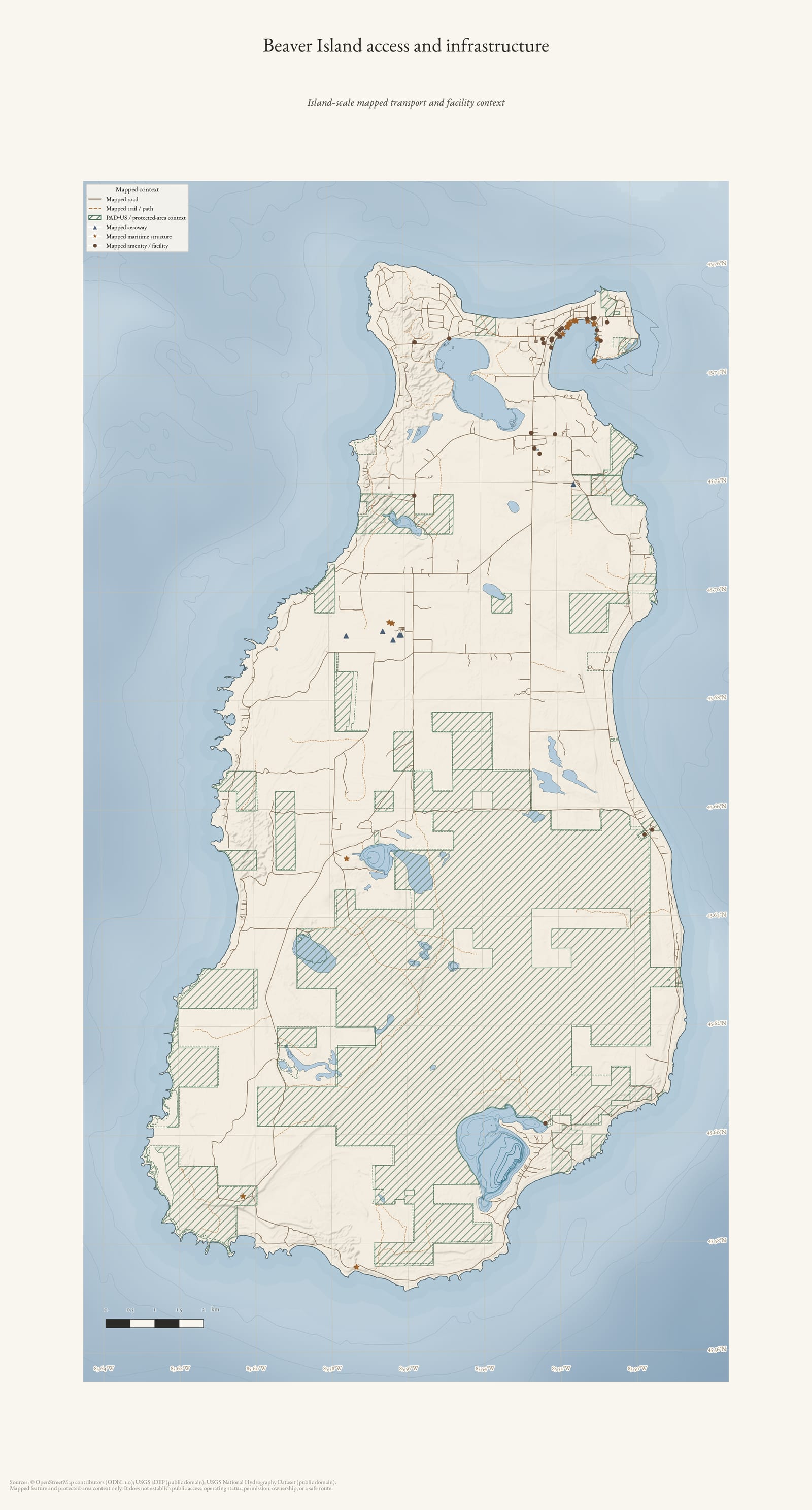 Access and infrastructure map of Beaver Island.