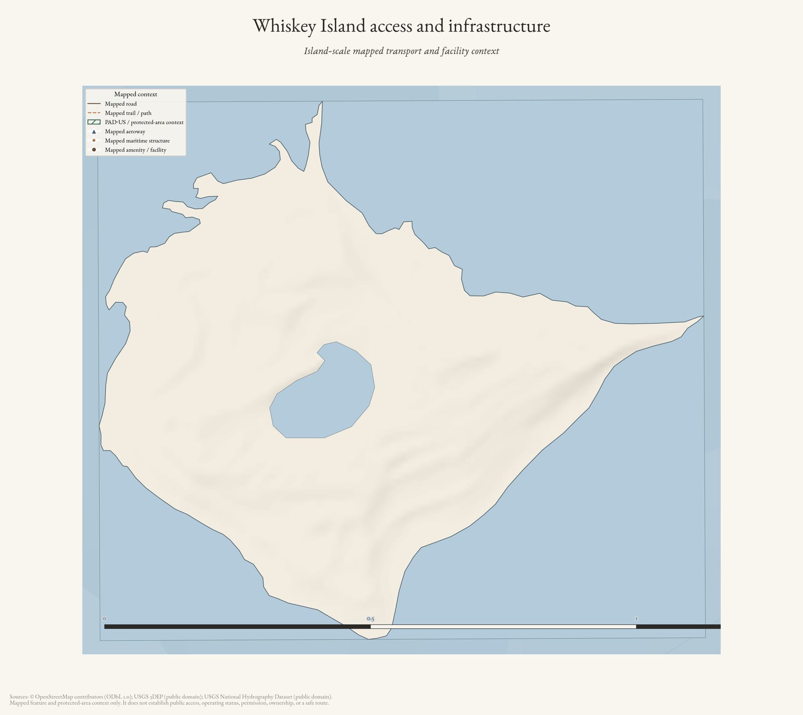 Access and infrastructure map of Whiskey Island.