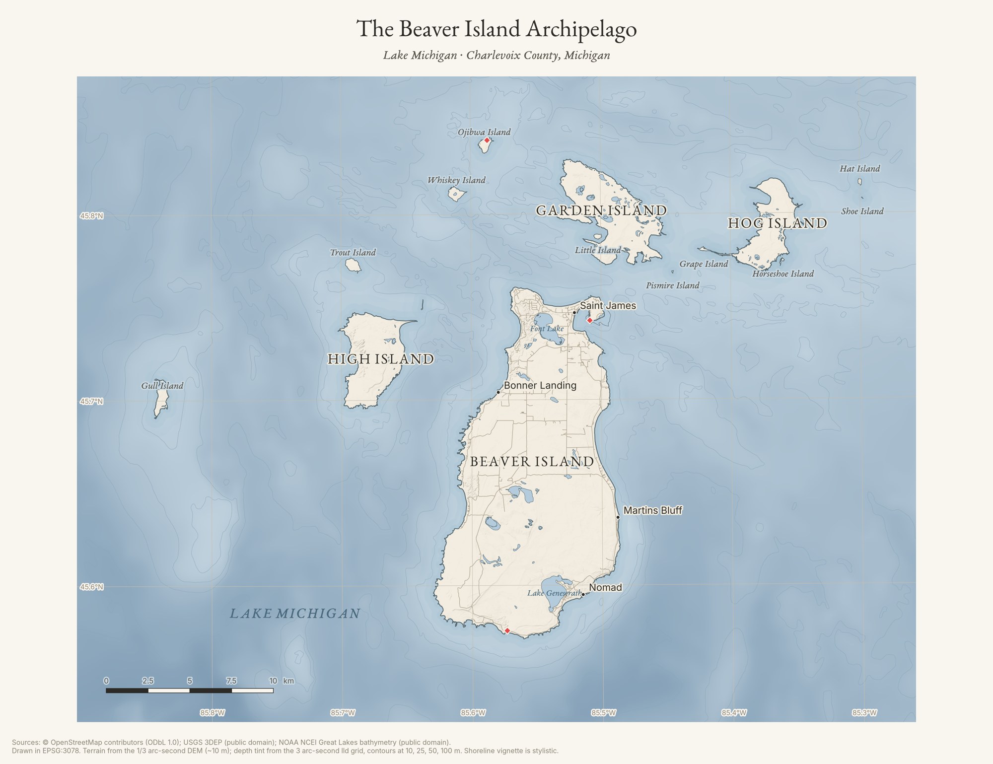 Reference map of the Beaver Island archipelago with bathymetric depth tinting showing the shallow shelf connecting the islands