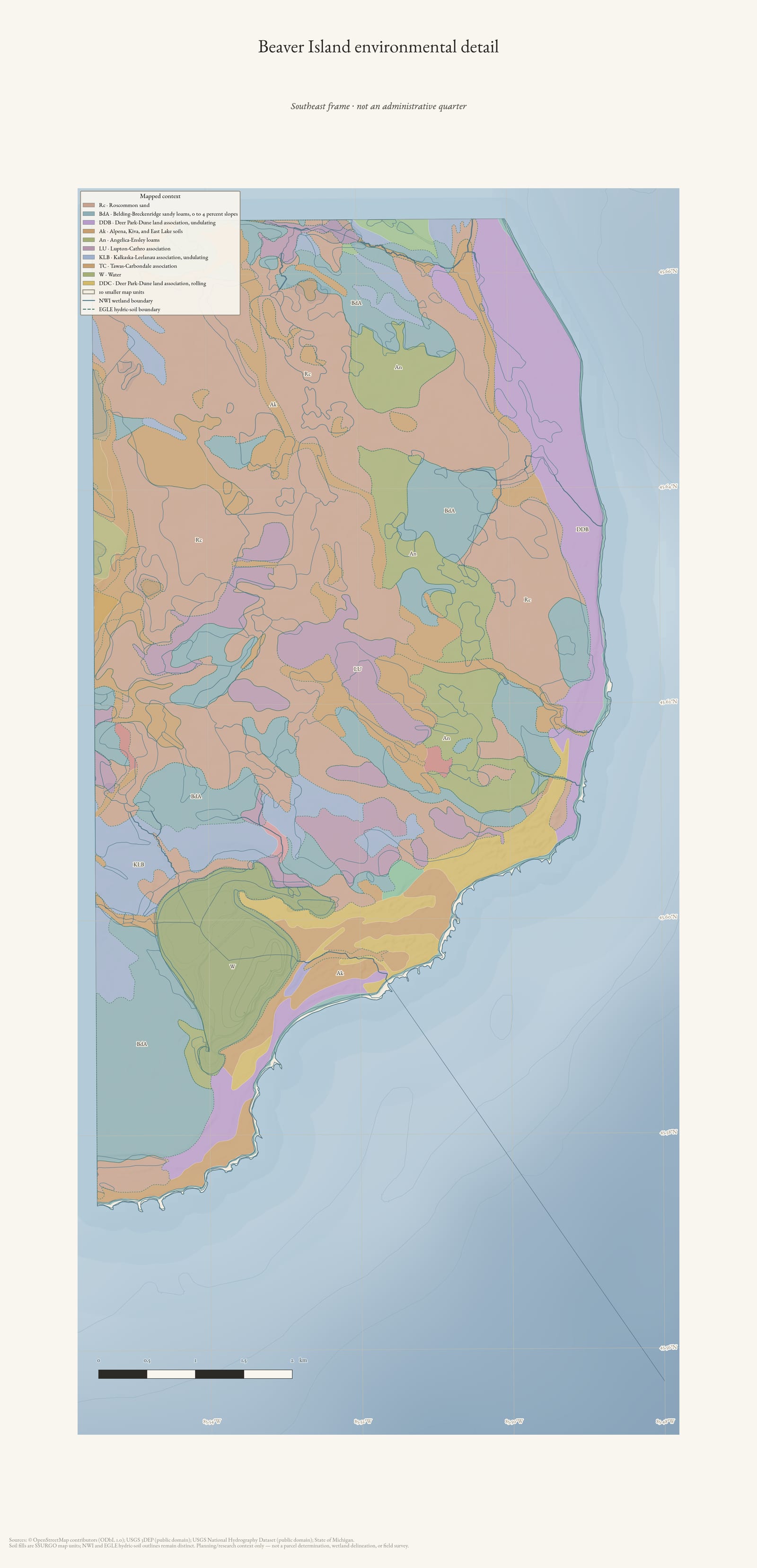 Southeast detail of Beaver Island showing soil map units, wetland context, hydrography, and shaded terrain.