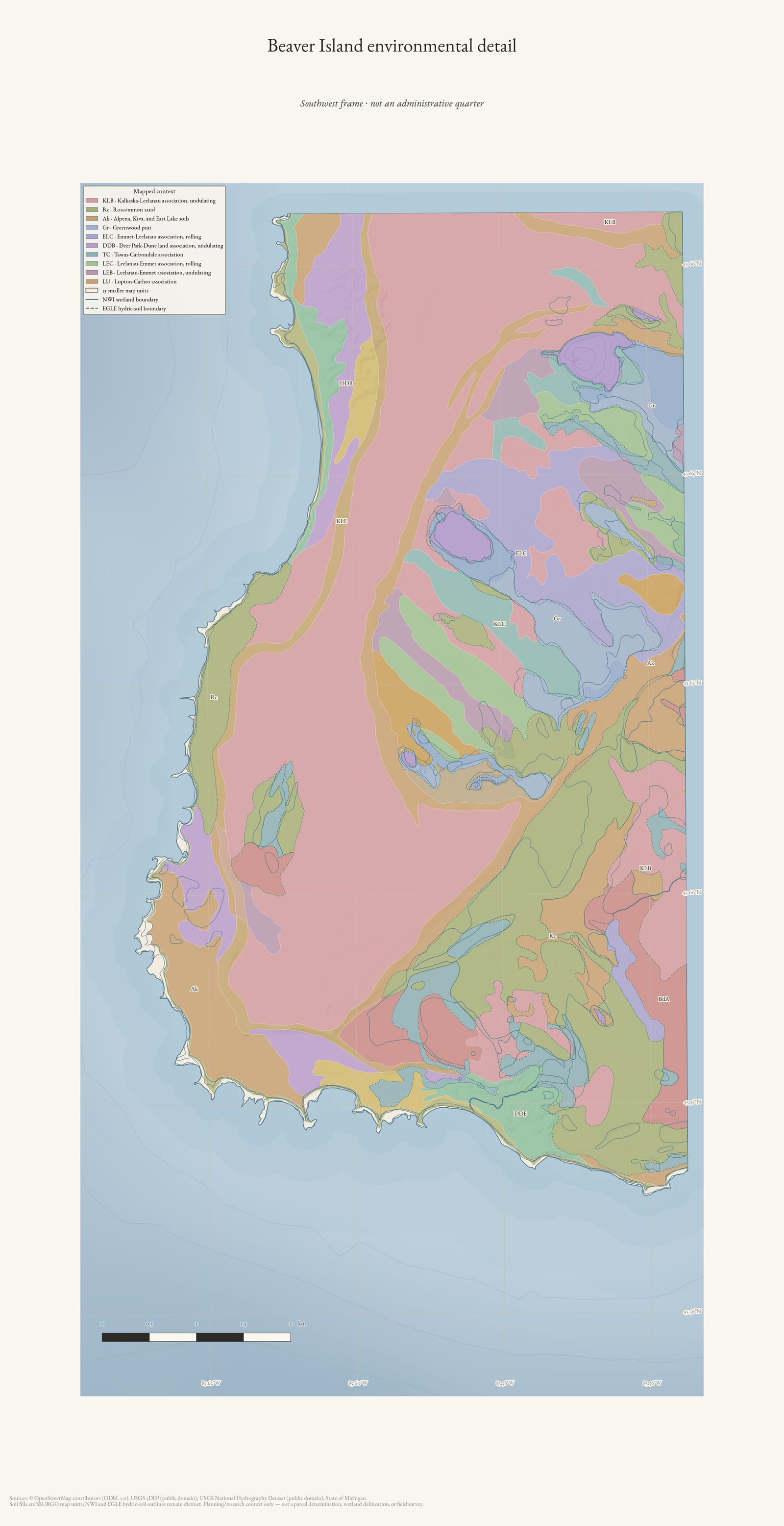 Southwest detail of Beaver Island showing soil map units, wetland context, hydrography, and shaded terrain.