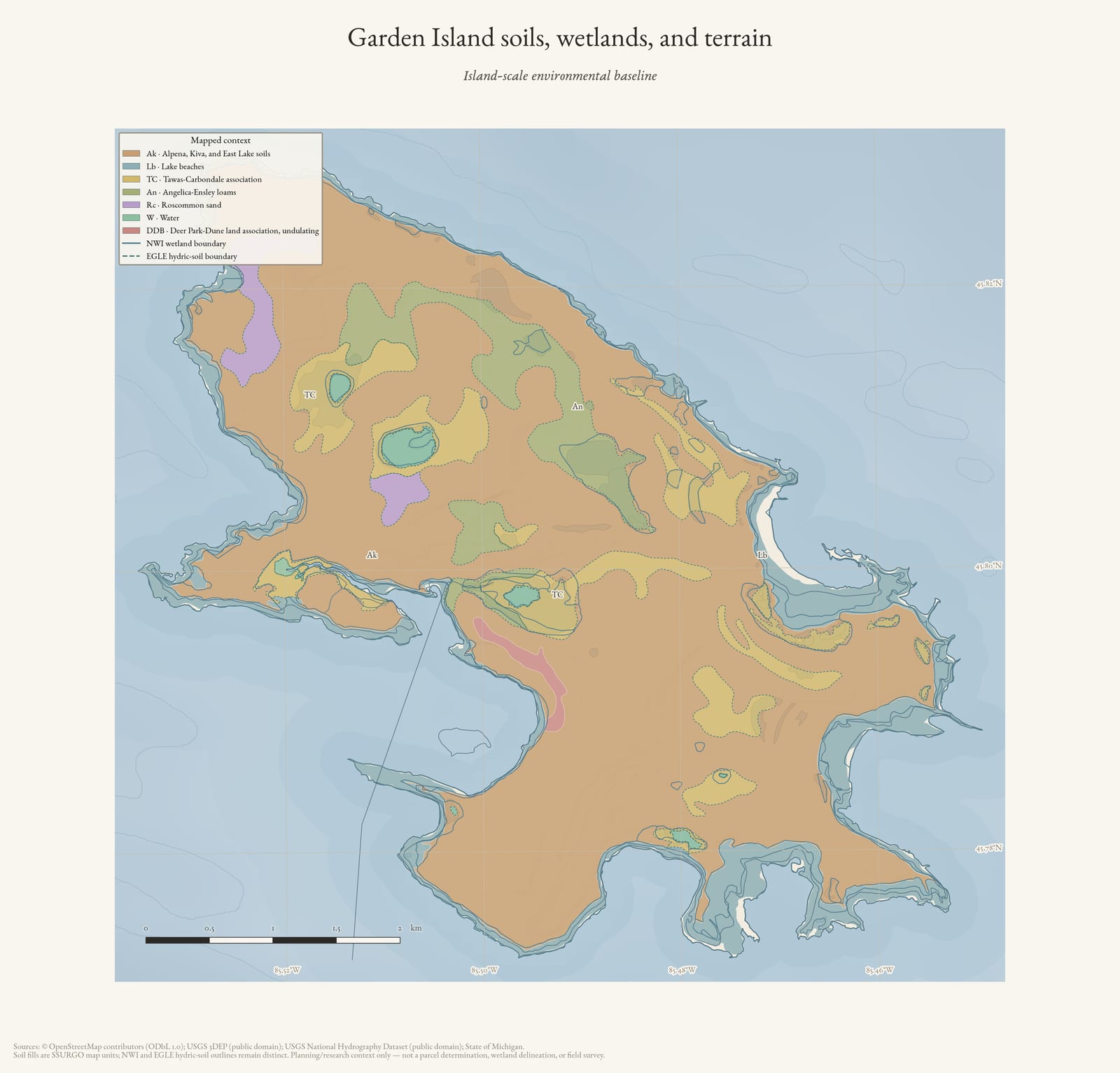 Environmental atlas map of Garden Island showing soil map units, wetland and hydric-soil outlines, hydrography, and shaded terrain.
