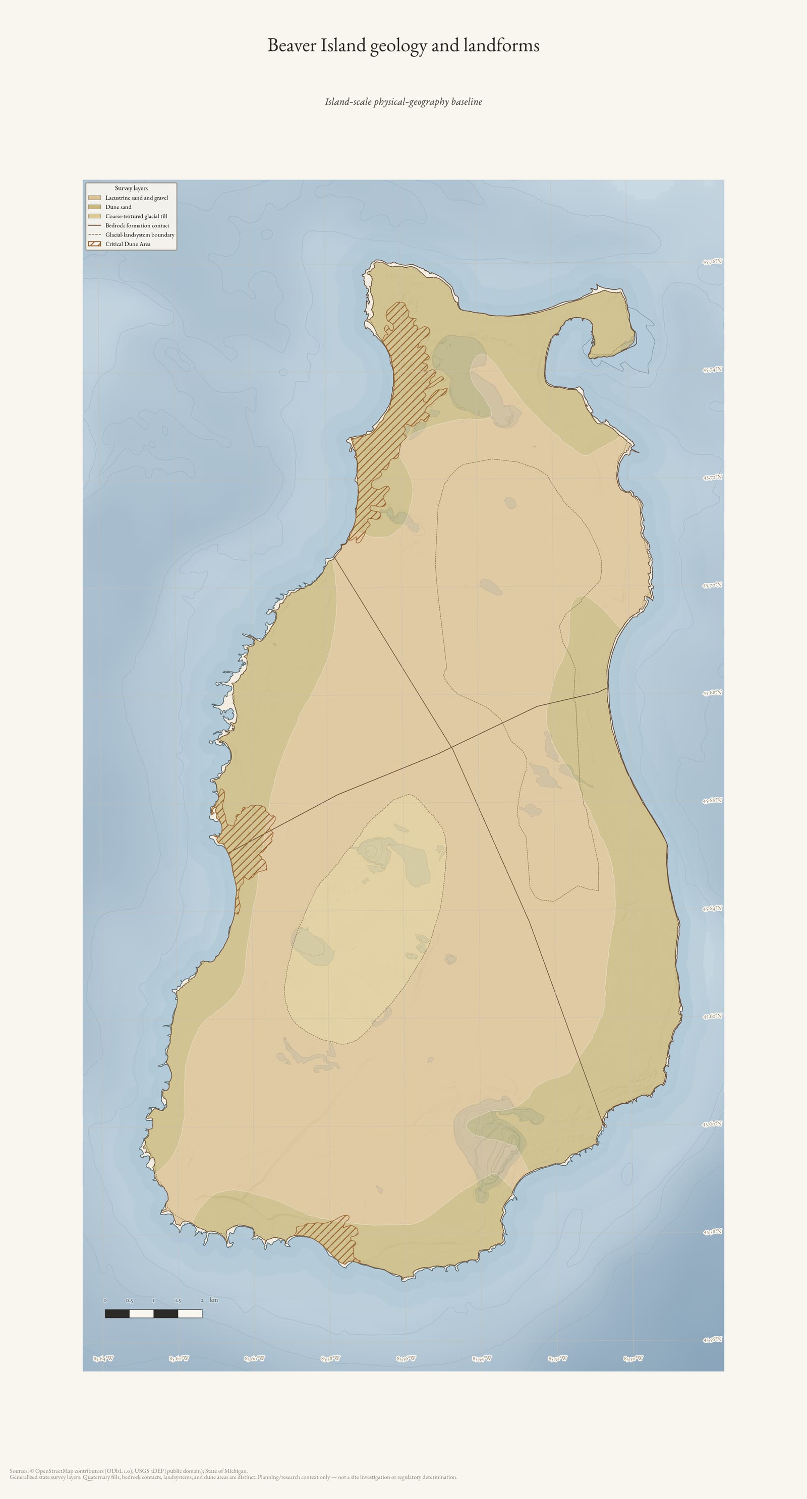 Physical geography map of Beaver Island showing generalized geology and landforms.