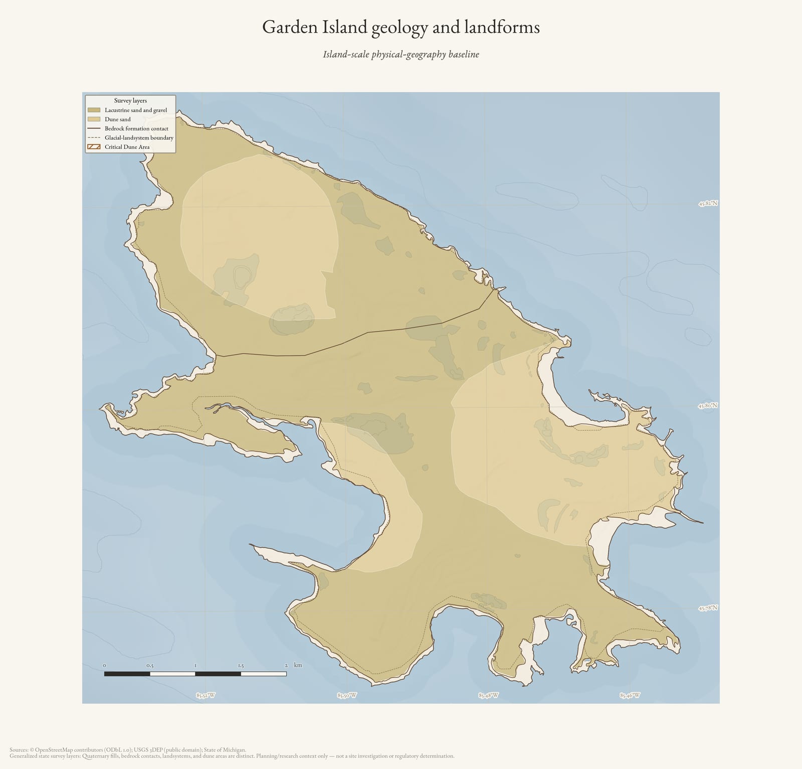 Physical geography map of Garden Island showing generalized geology and landforms.