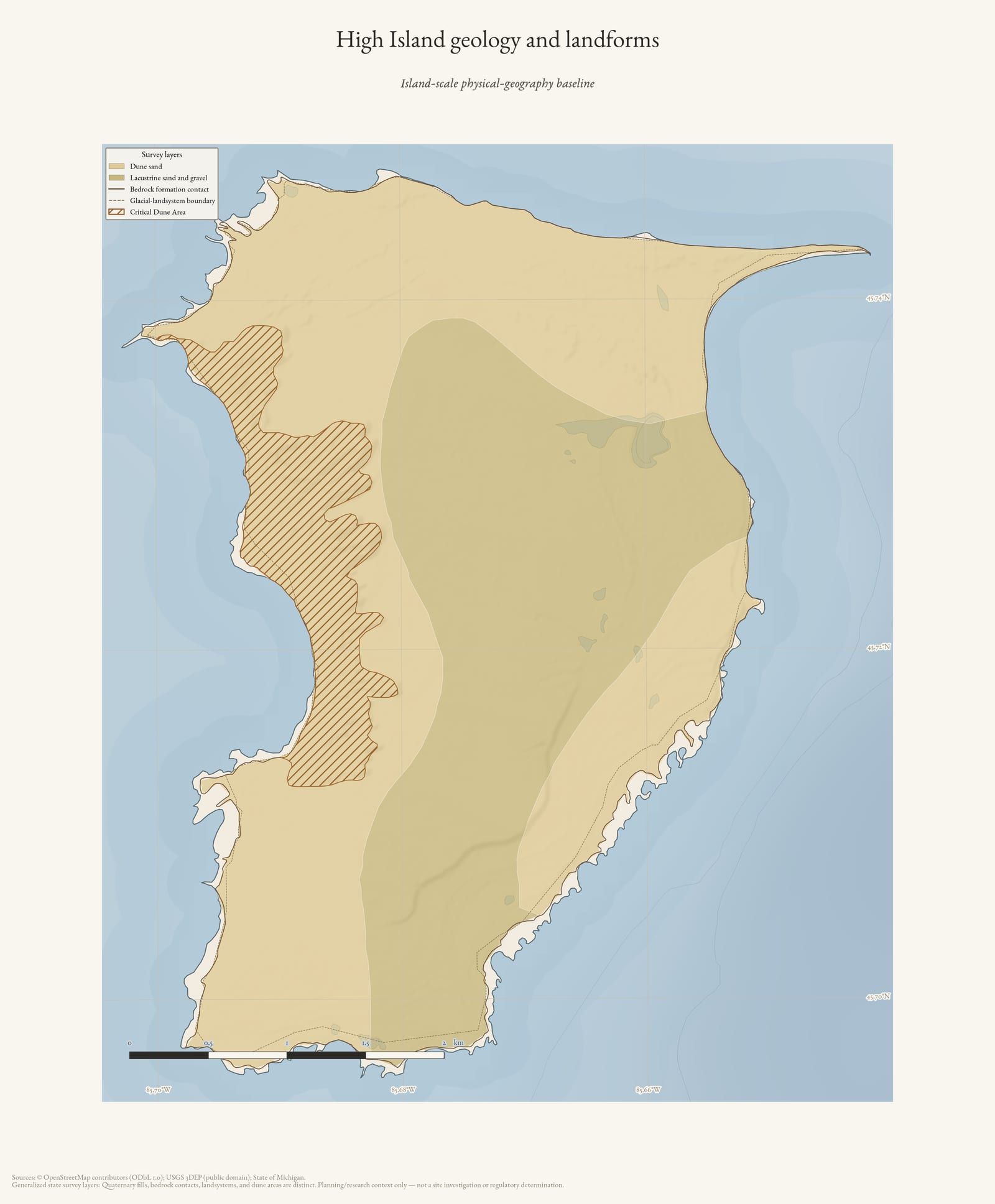 Physical geography map of High Island showing generalized geology and landforms.