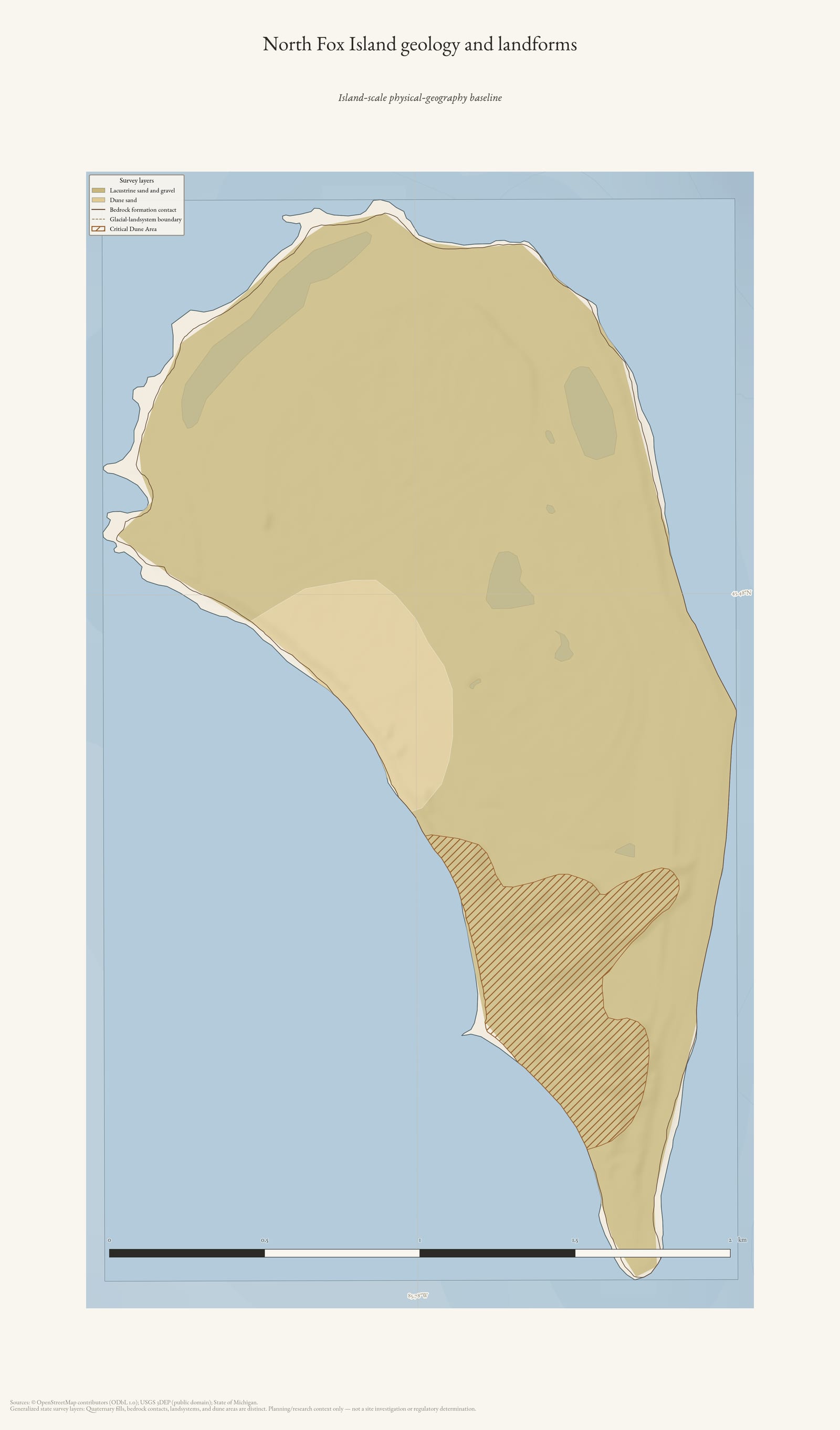 Physical geography map of North Fox Island showing generalized geology and landforms.
