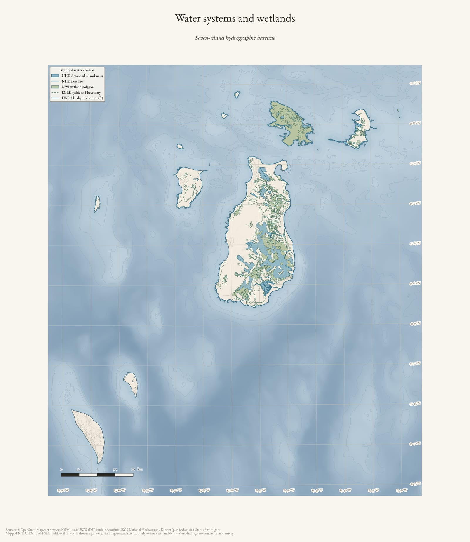 Hydrology map of the Beaver Island archipelago showing water systems and wetlands.