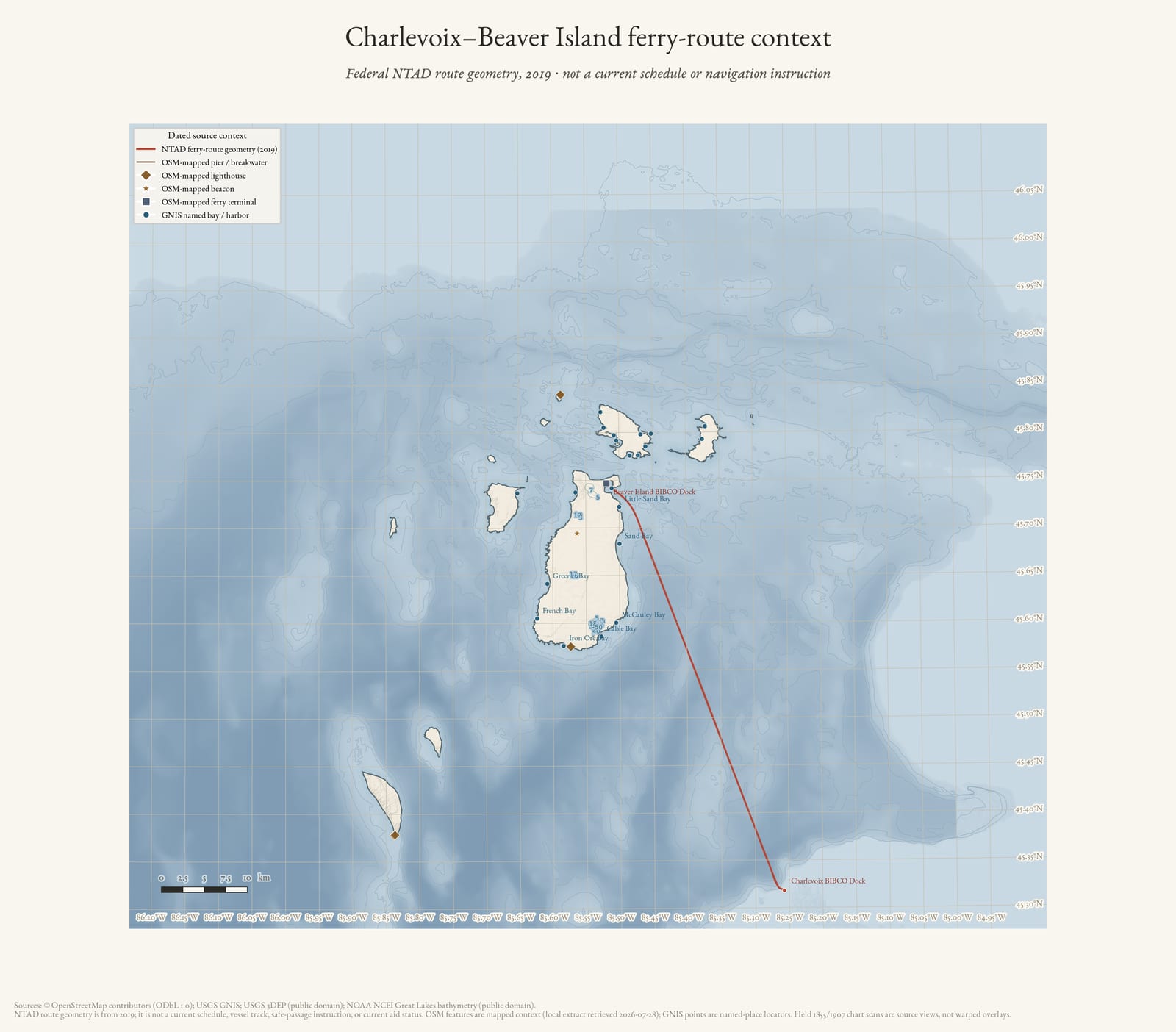 Regional map showing the dated 2019 federal route geometry between Charlevoix and Beaver Island.