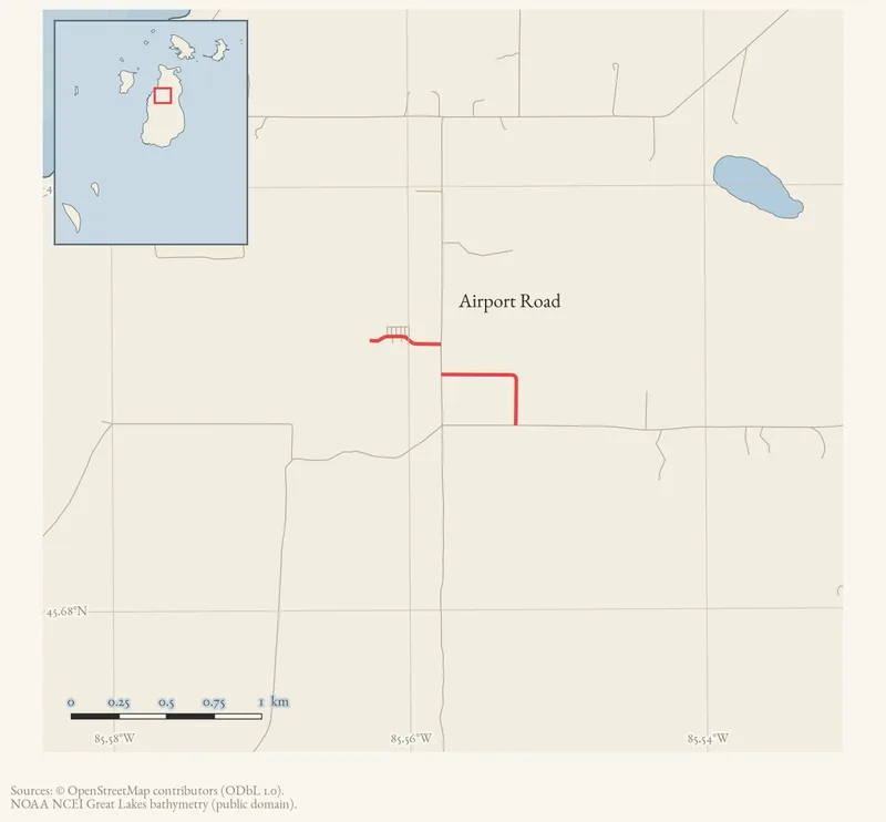 Locator map: Airport Road highlighted within the Beaver Island archipelago
