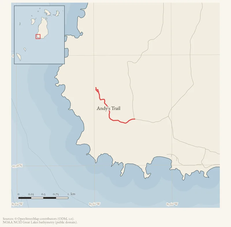 Locator map: Andy's Trail highlighted within the Beaver Island archipelago