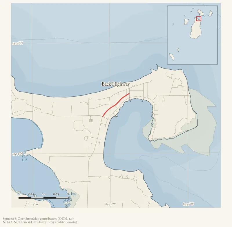 Locator map: Back Highway highlighted within the Beaver Island archipelago