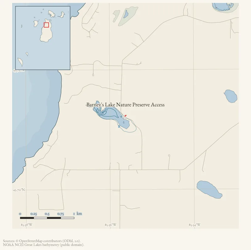 Locator map: Barney's Lake Nature Preserve Access highlighted within the Beaver Island archipelago