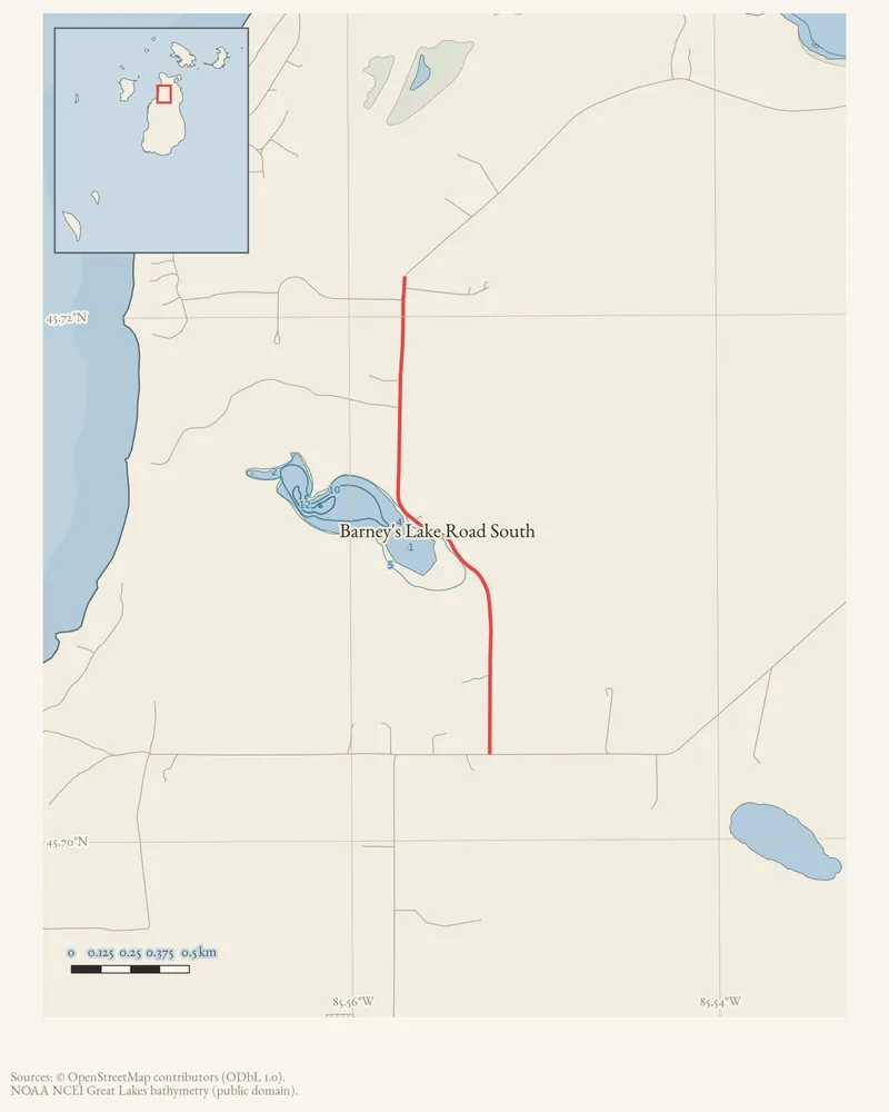 Locator map: Barney's Lake Road South highlighted within the Beaver Island archipelago