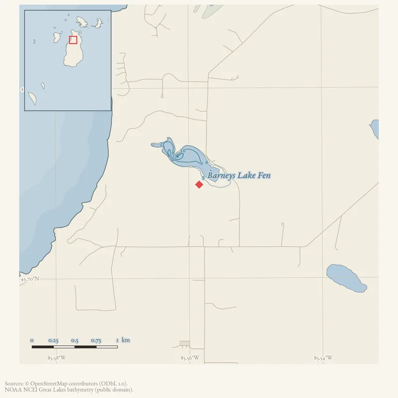 Locator map: Barneys Lake Fen highlighted within the Beaver Island archipelago