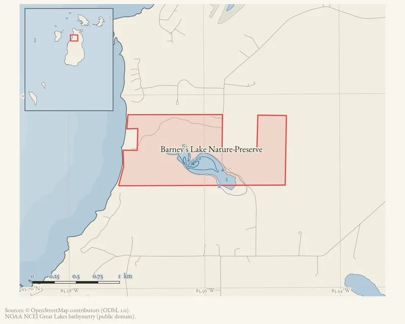 Locator map: Barney's Lake Nature Preserve highlighted within the Beaver Island archipelago
