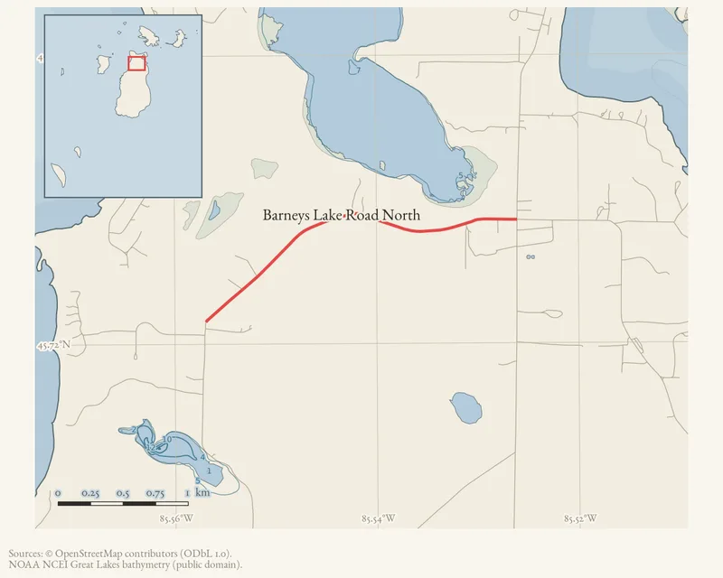 Locator map: Barneys Lake Road North highlighted within the Beaver Island archipelago