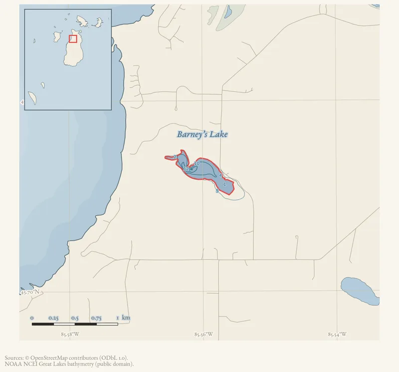Locator map: Barney’s Lake highlighted within the Beaver Island archipelago
