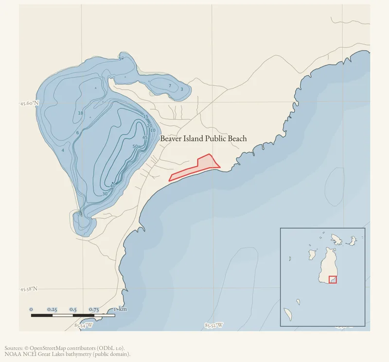 Locator map: Beaver Island Public Beach highlighted within the Beaver Island archipelago