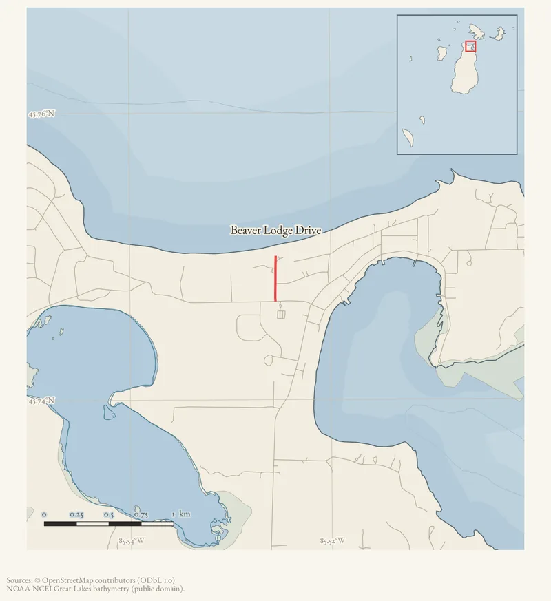 Locator map: Beaver Lodge Drive highlighted within the Beaver Island archipelago