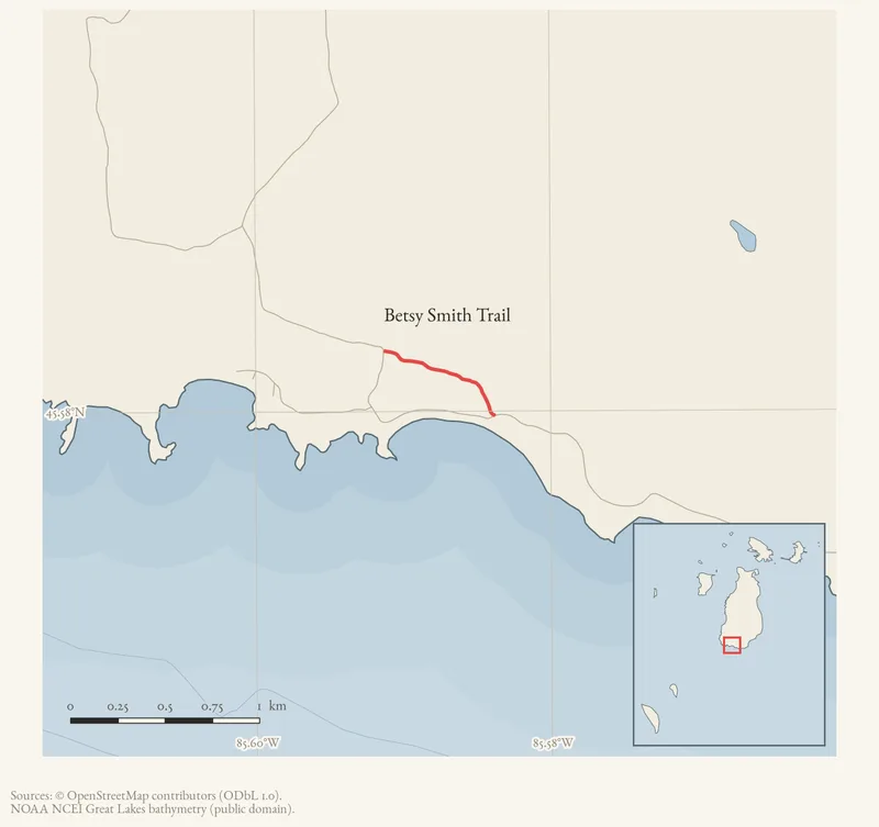 Locator map: Betsy Smith Trail highlighted within the Beaver Island archipelago