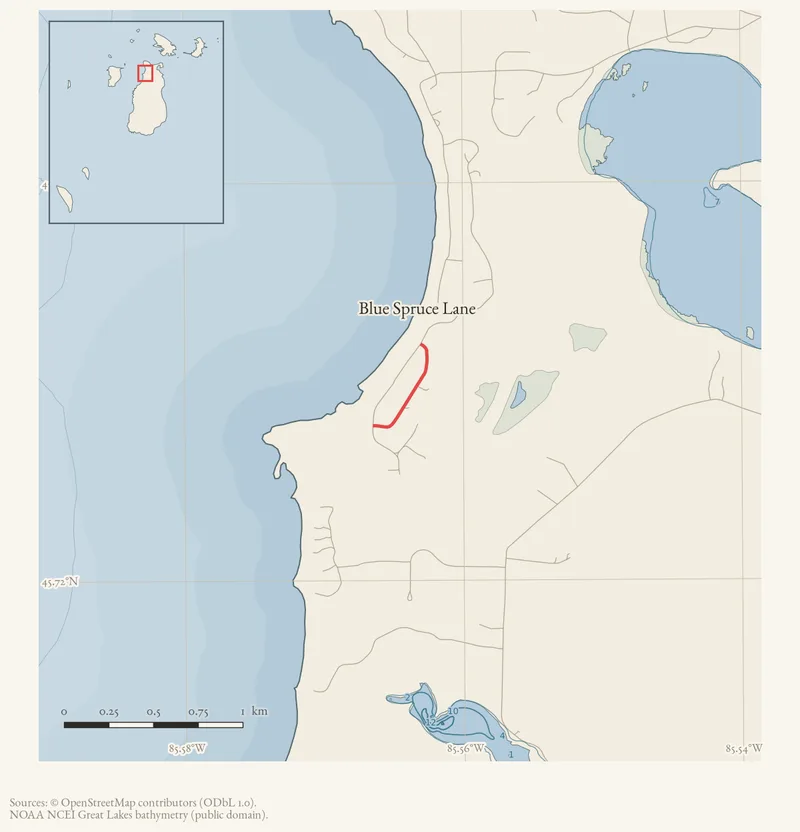 Locator map: Blue Spruce Lane highlighted within the Beaver Island archipelago