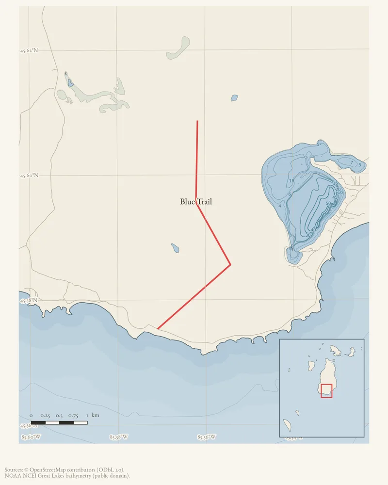 Locator map: Blue Trail highlighted within the Beaver Island archipelago