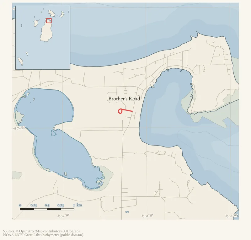 Locator map: Brother's Road highlighted within the Beaver Island archipelago