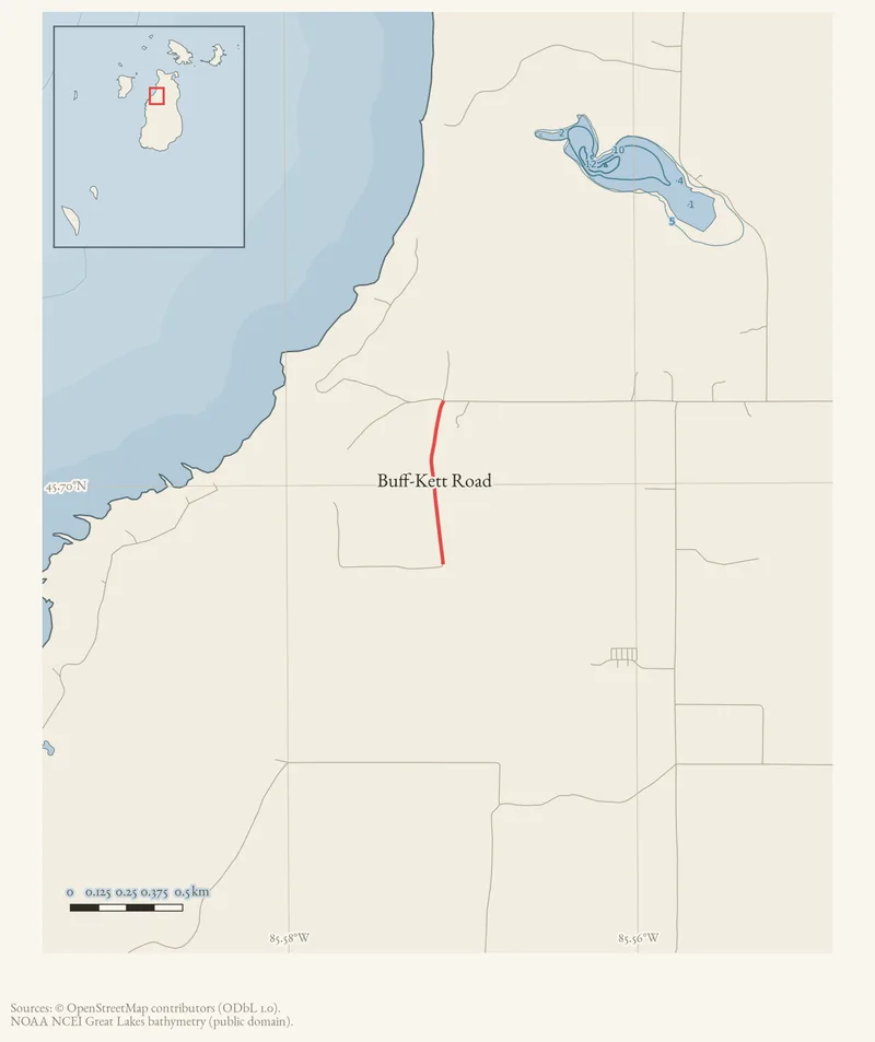 Locator map: Buff-Kett Road highlighted within the Beaver Island archipelago