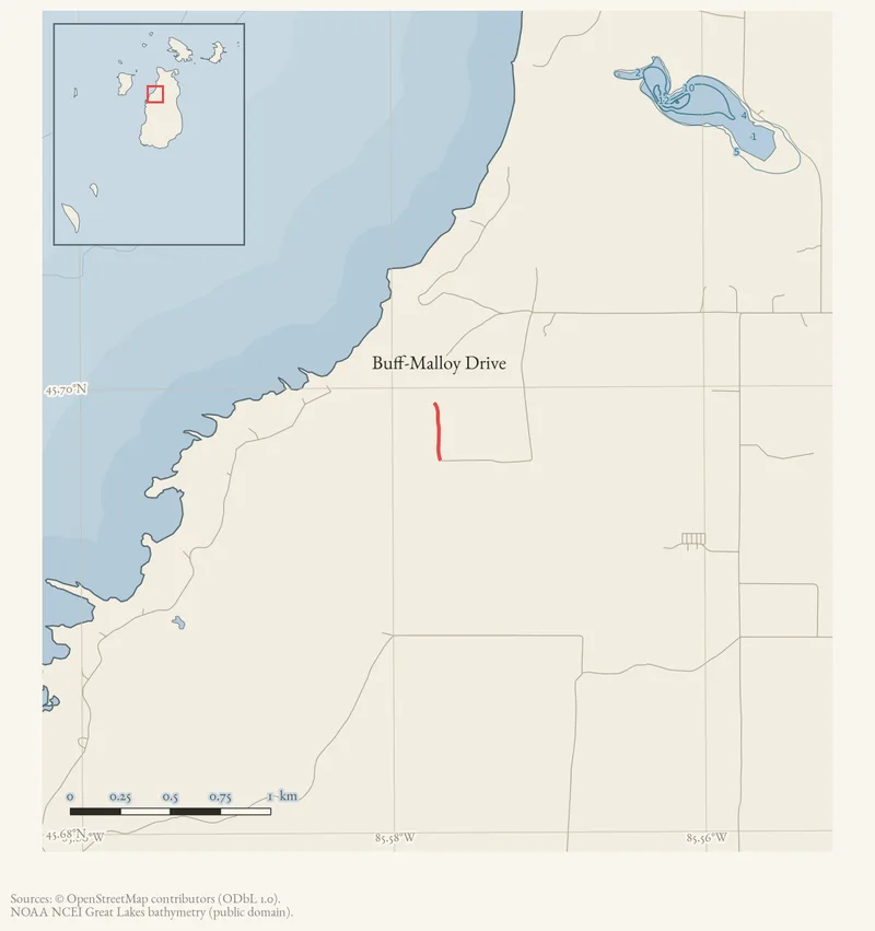 Locator map: Buff-Malloy Drive highlighted within the Beaver Island archipelago