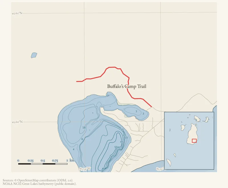 Locator map: Buffalo’s Camp Trail highlighted within the Beaver Island archipelago