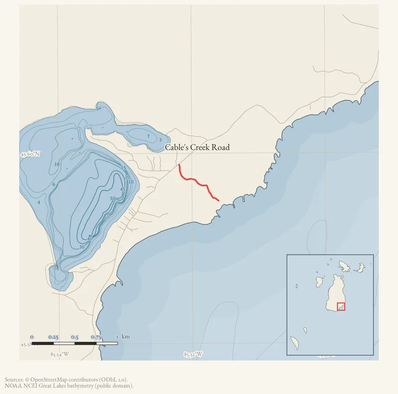 Locator map: Cable's Creek Road highlighted within the Beaver Island archipelago