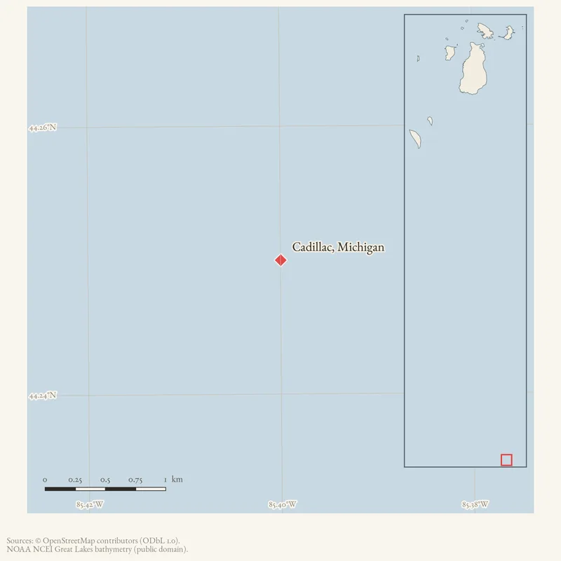 Locator map: Cadillac, Michigan highlighted within the Beaver Island archipelago