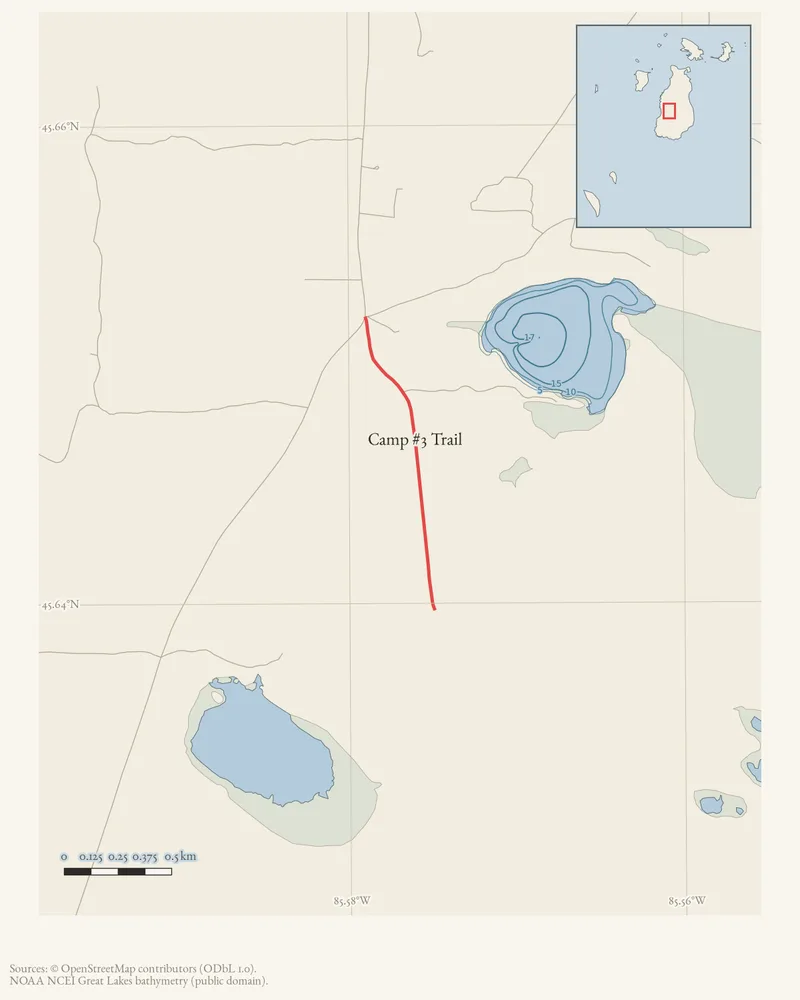 Locator map: Camp #3 Trail highlighted within the Beaver Island archipelago