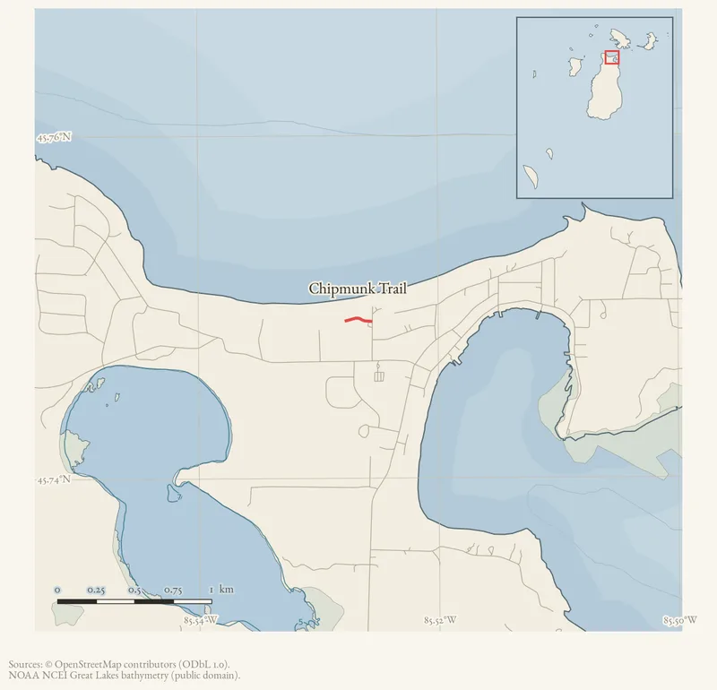 Locator map: Chipmunk Trail highlighted within the Beaver Island archipelago