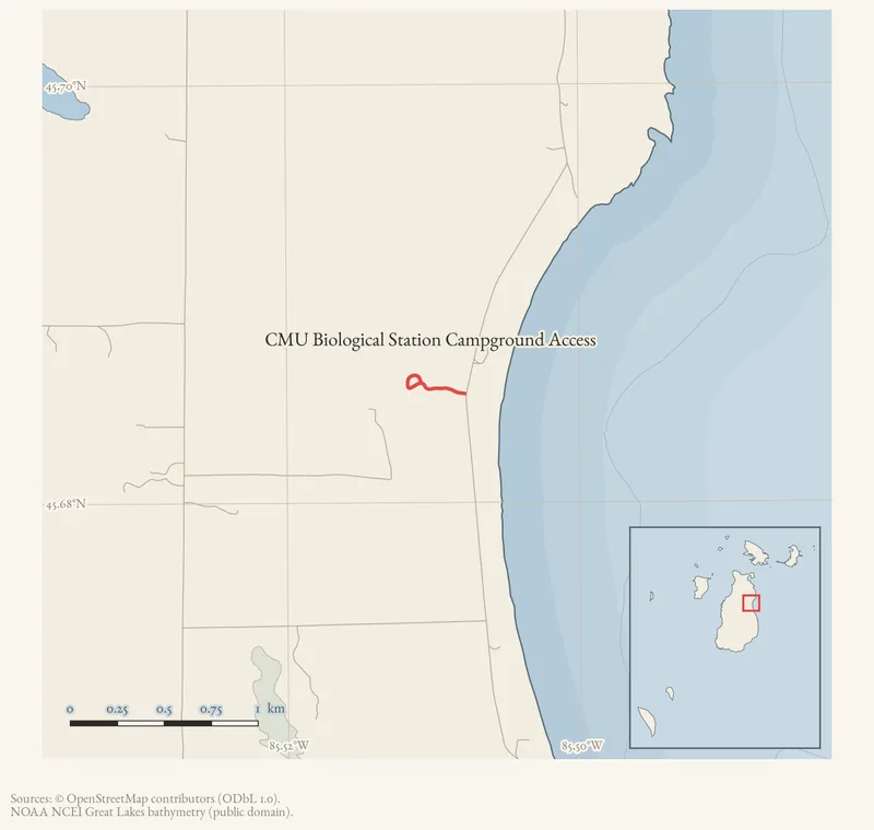 Locator map: CMU Biological Station Campground Access highlighted within the Beaver Island archipelago