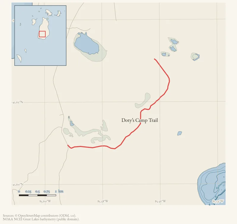 Locator map: Doty’s Camp Trail highlighted within the Beaver Island archipelago