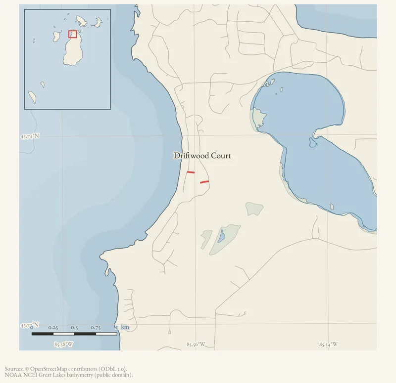 Locator map: Driftwood Court highlighted within the Beaver Island archipelago