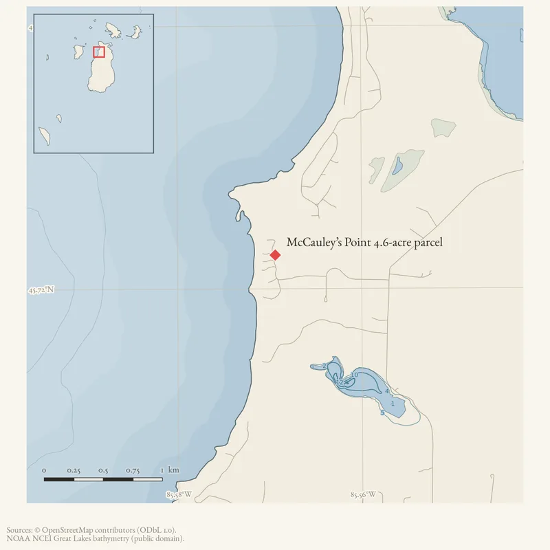 Locator map: McCauley’s Point 4.6-acre parcel highlighted within the Beaver Island archipelago