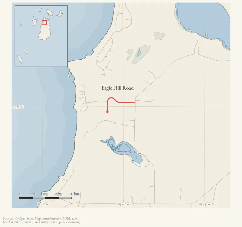 Locator map: Eagle Hill Road highlighted within the Beaver Island archipelago
