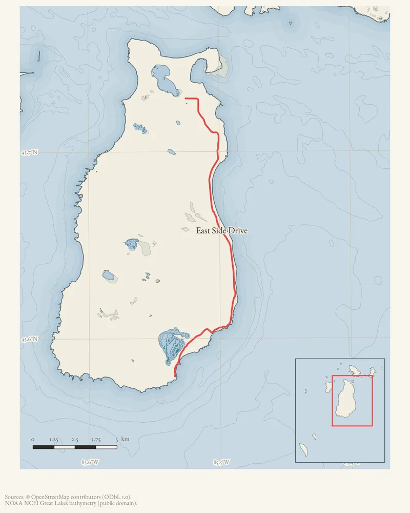 Locator map: East Side Drive highlighted within the Beaver Island archipelago