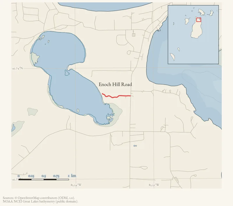 Locator map: Enoch Hill Road highlighted within the Beaver Island archipelago