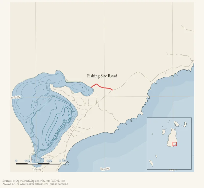 Locator map: Fishing Site Road highlighted within the Beaver Island archipelago