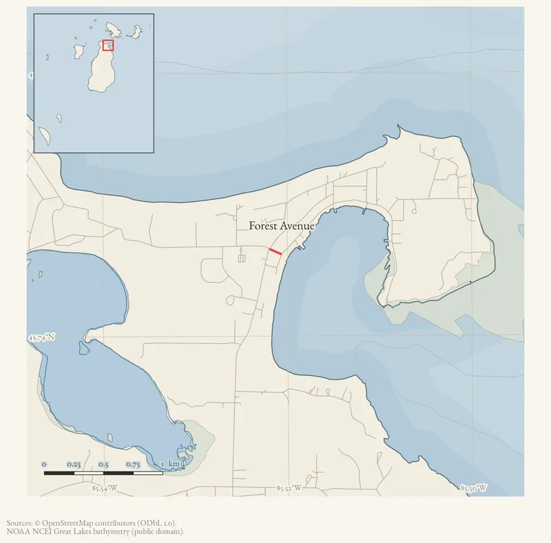 Locator map: Forest Avenue highlighted within the Beaver Island archipelago