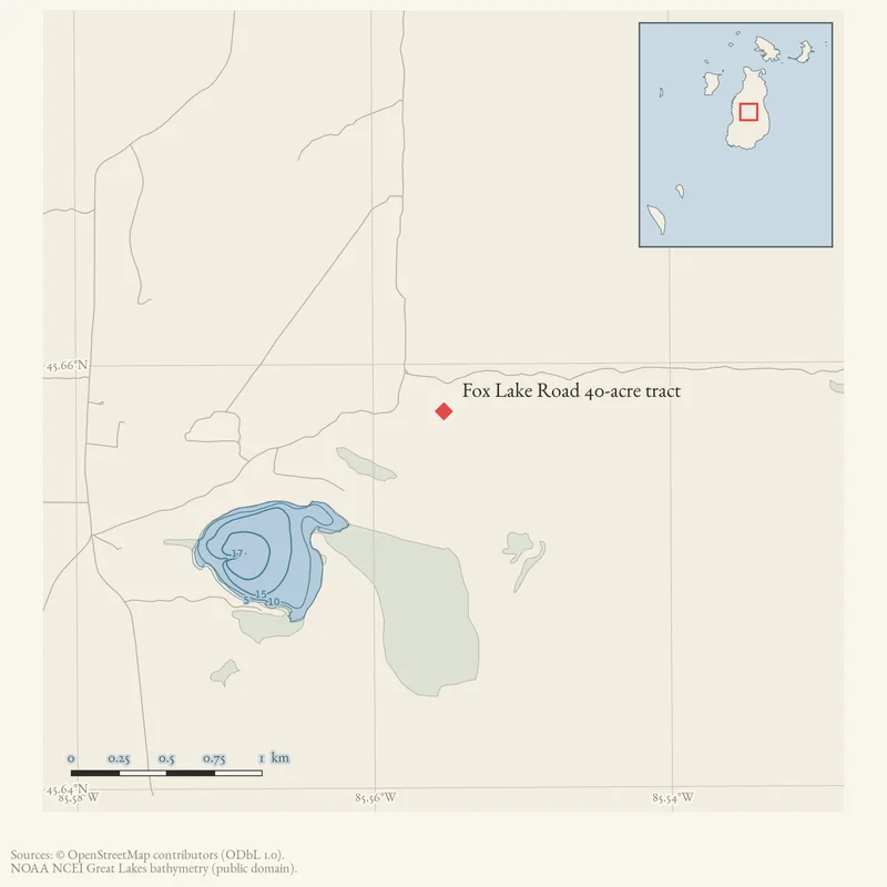 Locator map: Fox Lake Road 40-acre tract highlighted within the Beaver Island archipelago