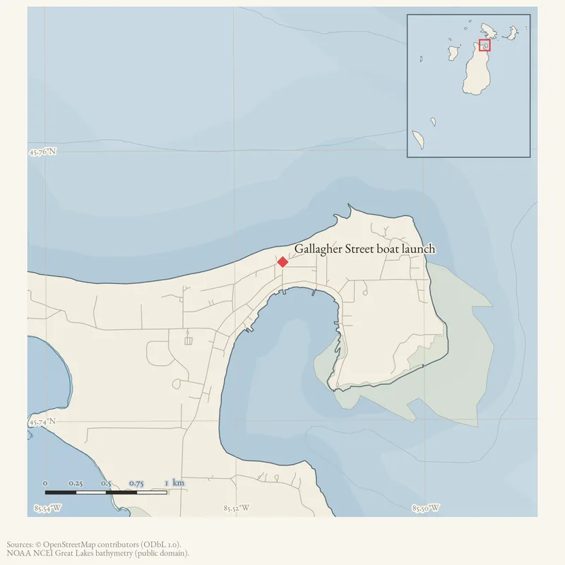 Locator map: Gallagher Street boat launch highlighted within the Beaver Island archipelago