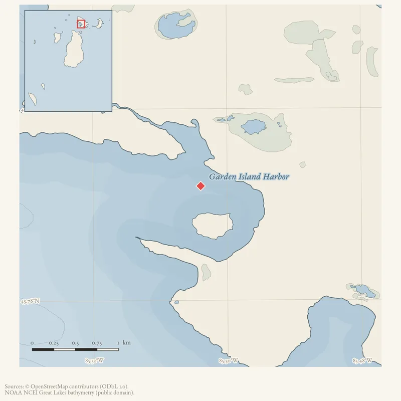 Locator map: Garden Island Harbor highlighted within the Beaver Island archipelago