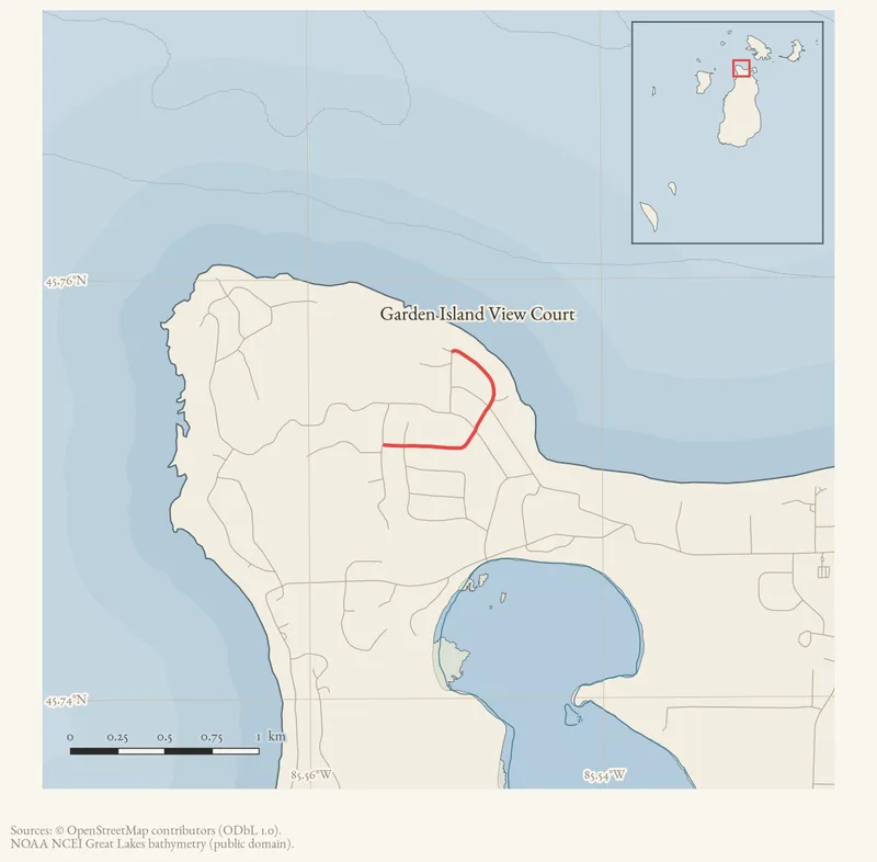 Locator map: Garden Island View Court highlighted within the Beaver Island archipelago