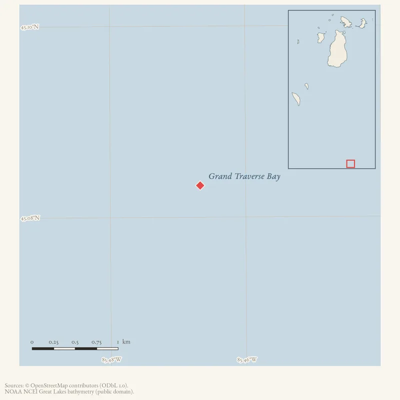 Locator map: Grand Traverse Bay highlighted within the Beaver Island archipelago
